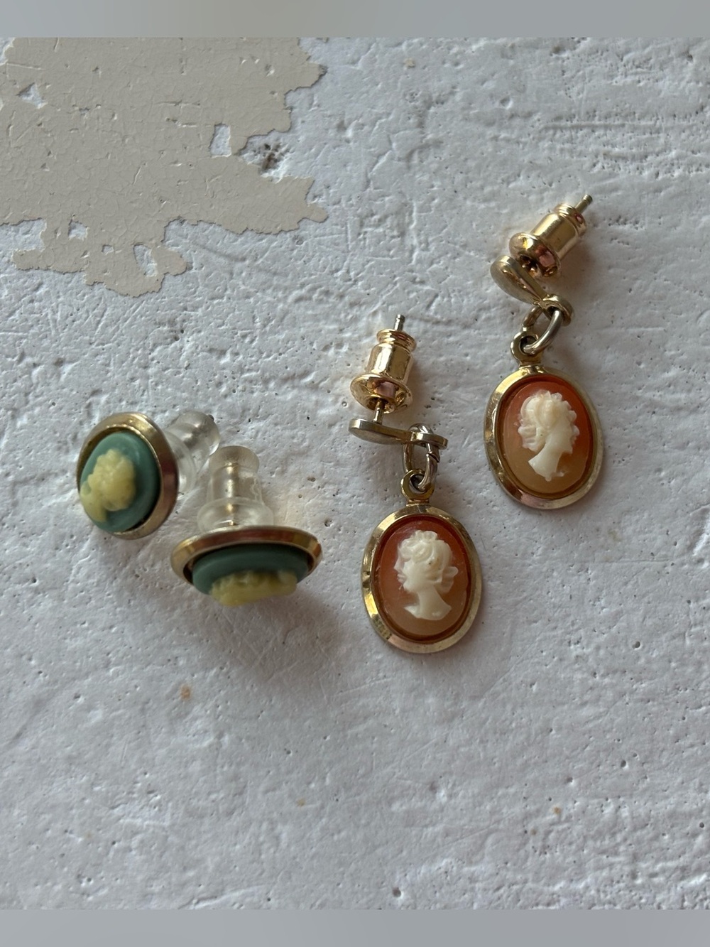 Gold-Tone Cameo Drop and Stud Earrings in Green and Coral